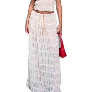 Mesh Sheer Tiered Maxi Skirt S Romantic Whimsy Fairycore Ethereal Cream Ivory